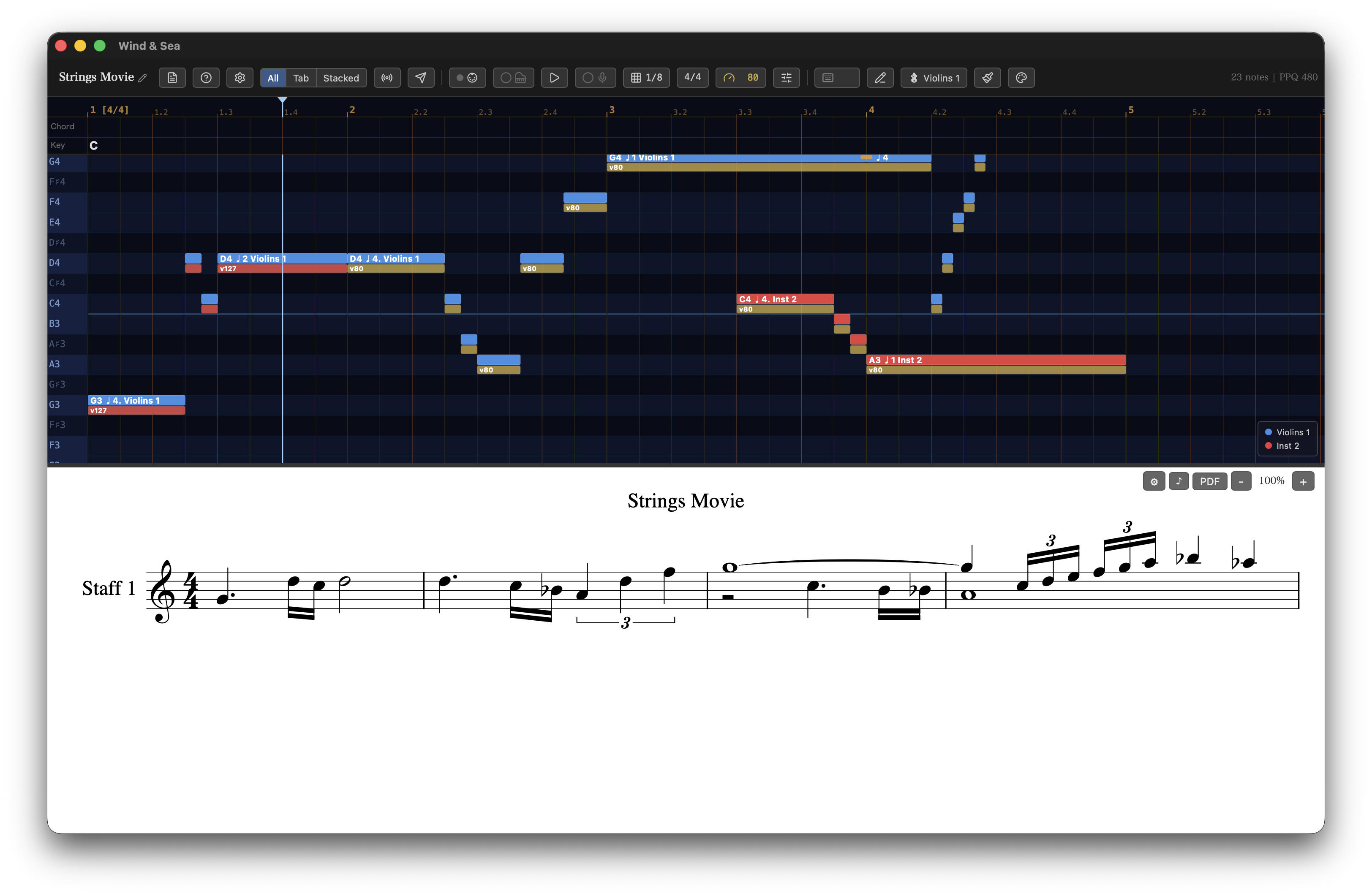 Wind & Sea — Piano roll and notation view
