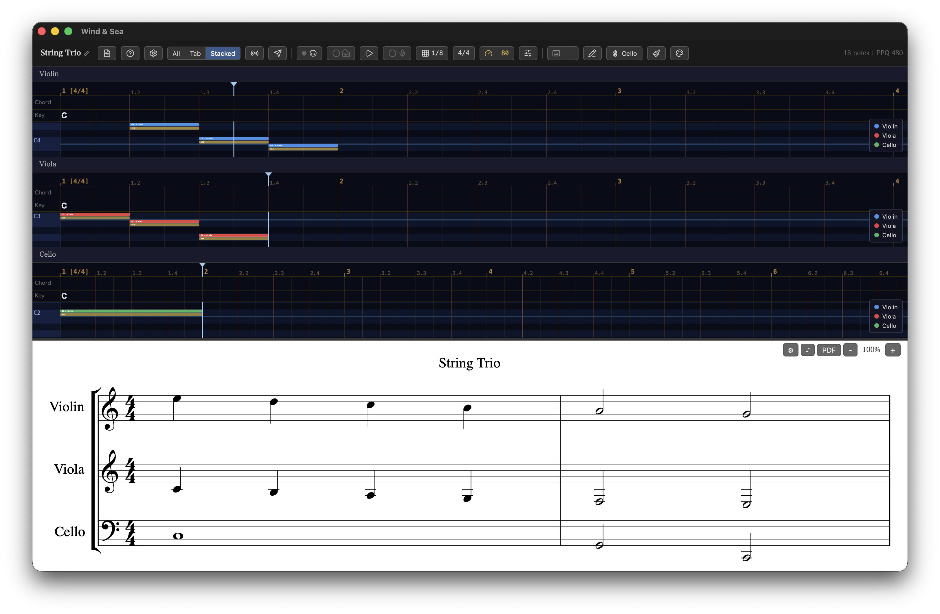 Wind & Sea — Multi-instrument piano roll with score view